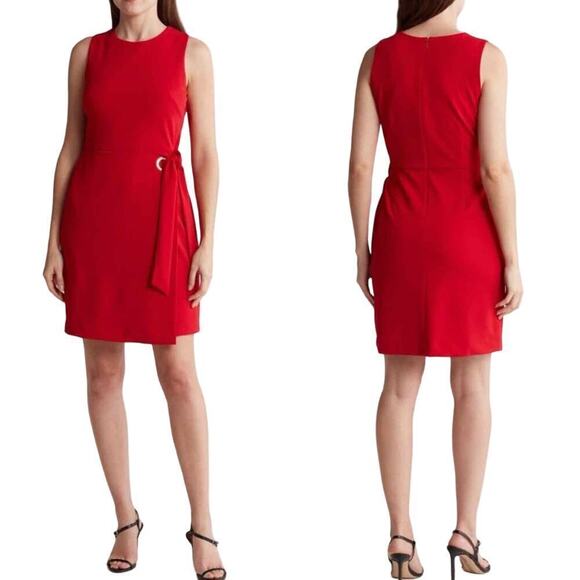 Tahari ASL Stretch Crepe A-Line Grommet Side Tie Mini Dress Size US 8 Red - Picture 1 of 10